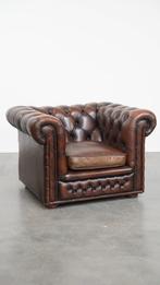 Luxe donkerbruine Engelse rundleren chesterfield fauteuil, Huis en Inrichting, Fauteuils, Ophalen, Gebruikt, ., 100 tot 125 cm
