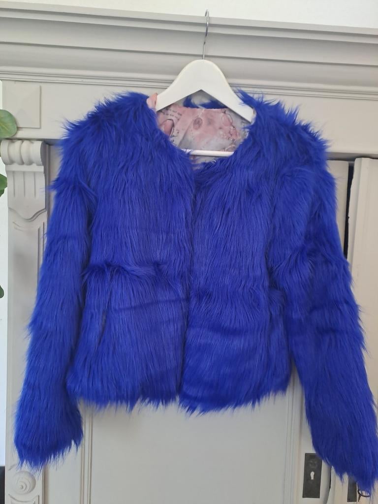 Blauw faux fur jasje - Carnavals bontjas mt 164, Ophalen of Verzenden, Zo goed als nieuw, Meisje
