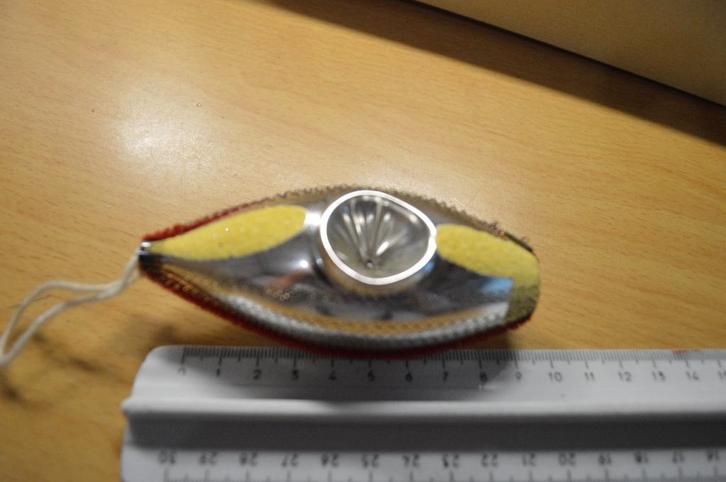 oude brocante kerstbal glazen pegel met deuk en ijzerdraad, Diversen, Kerst, Gebruikt, Ophalen