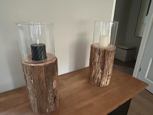 Windlichten op Boomstam - Set van 2, Huis en Inrichting, Woonaccessoires | Kandelaars en Kaarsen, Zo goed als nieuw, Kandelaar