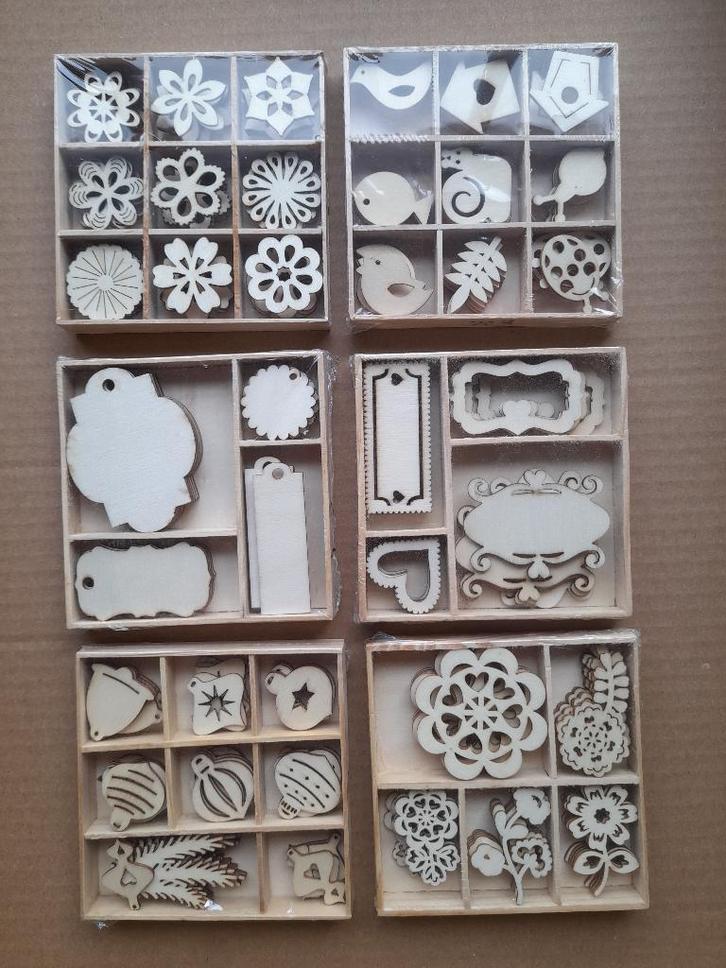 OPRUIMING houten doosjes met 45 stuks houten figuren no 1, Hobby en Vrije tijd, Knutselen, Nieuw, Ophalen of Verzenden