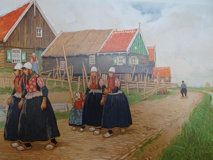 litho zicht op oude Marken, klederdracht, H. Cassiers 1900, Antiek en Kunst, Kunst | Litho's en Zeefdrukken, Verzenden