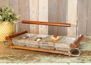Oude brocante art deco serveertray met houten frame en glas beschikbaar voor biedingen