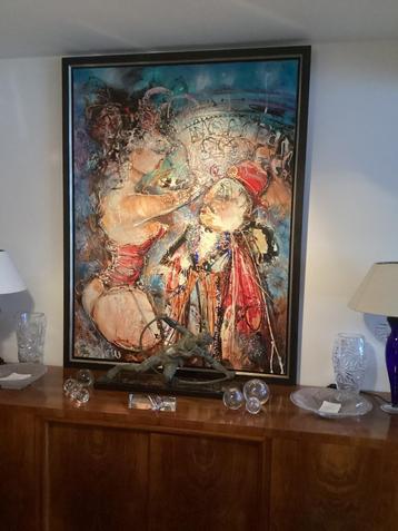 Schilderij Stierenfeest getekend Guy Olivier.  beschikbaar voor biedingen