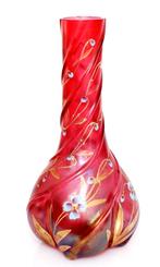 Schitterende Boheemse Geschilderde Cranberry Vaas Ca 1920, Antiek en Kunst, Antiek | Glas en Kristal, Ophalen of Verzenden