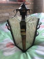 Art Deco plafondhanglamp. Koper en glas. Bakelieten fitting., Ophalen of Verzenden