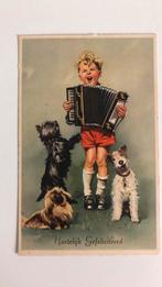 Jongen speelt op accordeon,toehoorders 3 honden, Ophalen of Verzenden, Ongelopen, Overige thema's