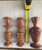 vintage houten kandelaars INDIA mooi bewerkt, hoogte 16 cm, Ophalen of Verzenden