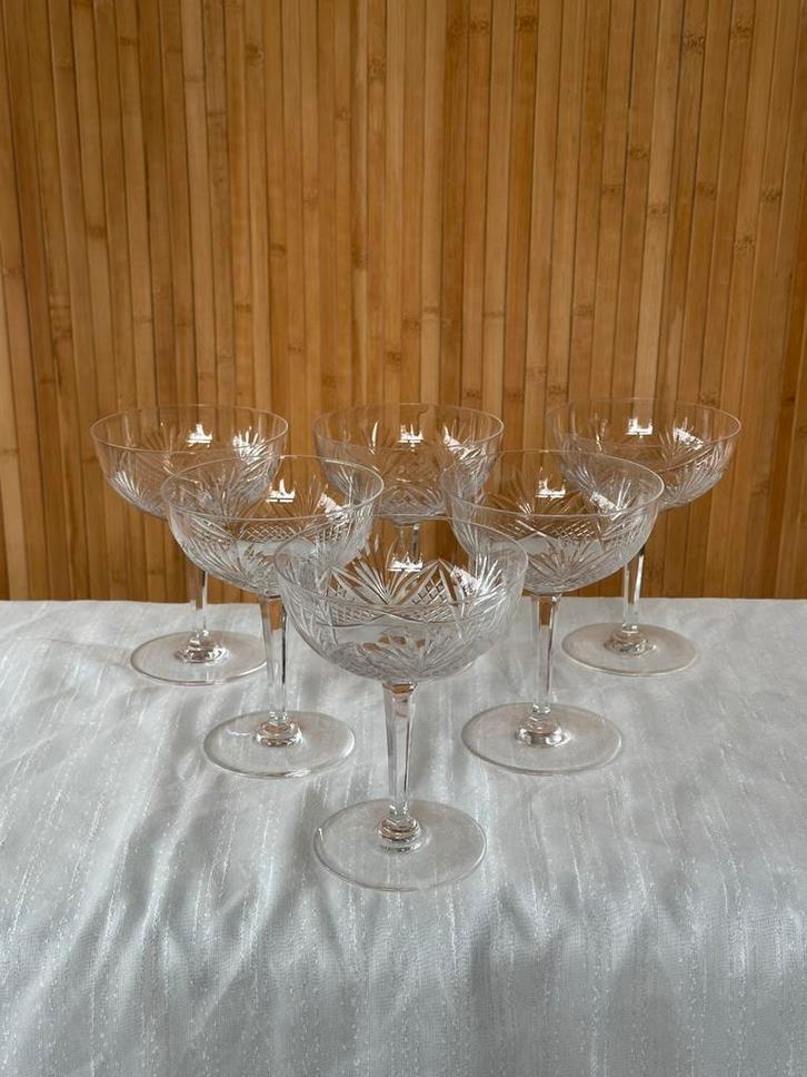 Set/6 Vintage art deco kristallen champagne coupe, Verzamelen, Glas en Borrelglaasjes, Zo goed als nieuw, Overige typen, Ophalen