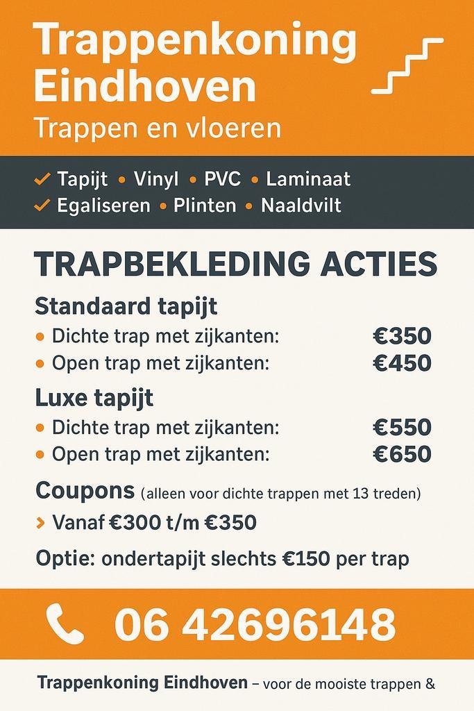 Stoffeerder de trappenkoning eindhoven, Huis en Inrichting, Stoffering | Vloerbedekking, Nieuw, Tapijt, 75 m² of meer, Ophalen of Verzenden