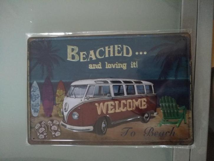 metalen plaat sign bord beached bus vw look, Huis en Inrichting, Woonaccessoires | Wanddecoraties, Nieuw, Ophalen of Verzenden