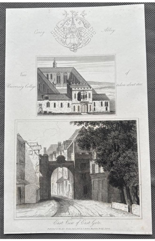 Antieke Gravure: University College, Oxford, Antiek en Kunst, Kunst | Etsen en Gravures, Ophalen of Verzenden