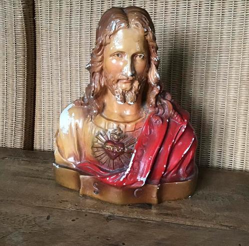 Oude Gipsen Buste Heilig Hart Jezus, Antiek en Kunst, Antiek | Religie, Ophalen of Verzenden