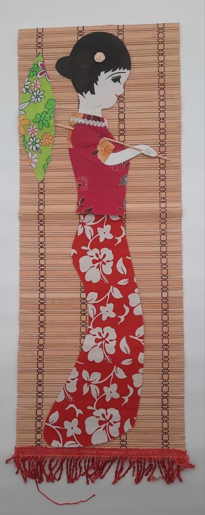 Vintage Oosterse bamboe wand decoratie vrouw met paraplu, Huis en Inrichting, Woonaccessoires | Wanddecoraties, Gebruikt, Ophalen of Verzenden