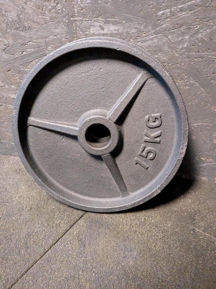 Gietijzeren Halterschijven 2x15kg, Sport en Fitness, Fitnessmaterialen, Zo goed als nieuw, Halterschijven, Armen, Benen, Borst