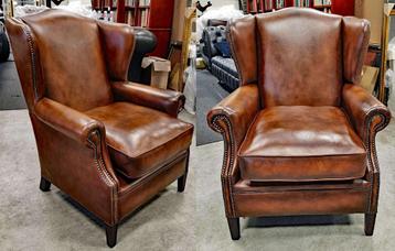 NIEUW Chesterfield 2x Dutch Wing Chairs antiek bruin leer beschikbaar voor biedingen