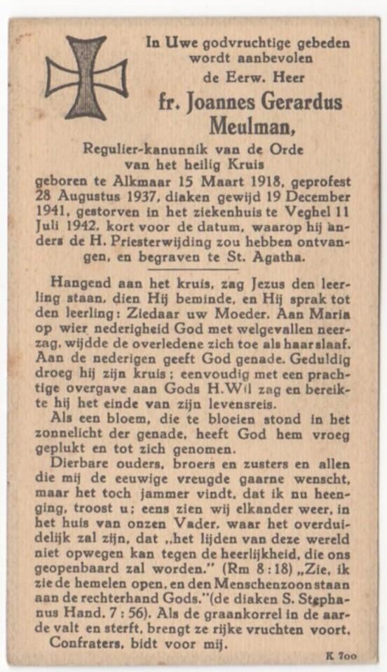 frater Joannes G. Meulman 1918 Alkmaar + 1942 Veghel, 24 jr, Verzenden
