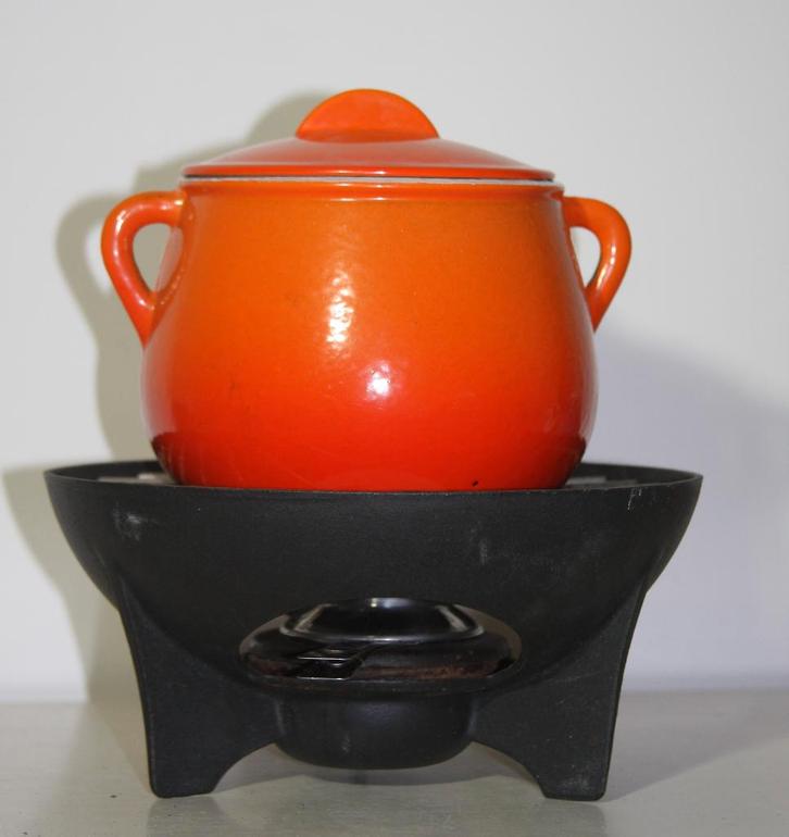 intage Le Creuset fondue stel compleet, Huis en Inrichting, Keuken | Potten en Pannen, Zo goed als nieuw, Overige typen, Gietijzer