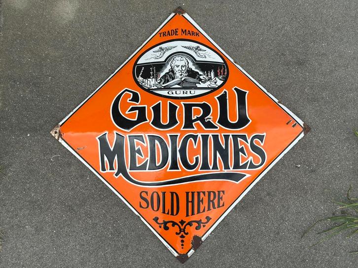 EMAILLE reclame BORD : GURU medicines, Verzamelen, Merken en Reclamevoorwerpen, Zo goed als nieuw, Reclamebord, Ophalen of Verzenden
