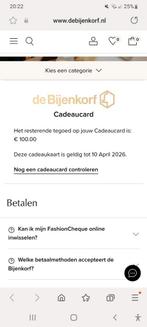 Bijenkorf cadeaukaart €100, Tickets en Kaartjes, Cadeaubon, Warenhuis- of Winkelbon, Eén persoon