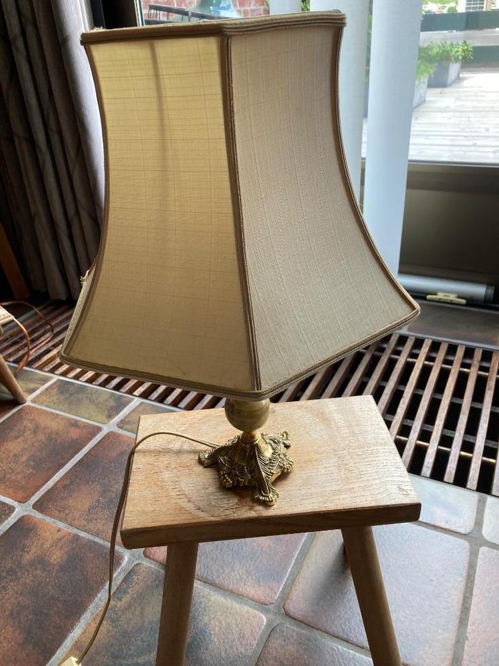 Vintage tafellamp met koperen en marmeren voet, stoffen kap, Antiek en Kunst, Antiek | Lampen, Ophalen of Verzenden