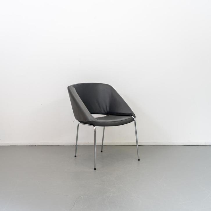 4x Leolux Mobius Stoel Antraciet/Zwart Leer - Chroom, Huis en Inrichting, Stoelen, Zo goed als nieuw, Leer, Metaal, Overige kleuren