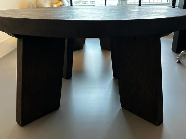 2 RONDE MASSIEVE EIKENHOUTEN SALONTAFELS op 4 Poten, Huis en Inrichting, Tafels | Eettafels, Zo goed als nieuw, 50 tot 100 cm