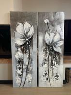Twee prachtige 3D schilderijen bloemen zilver/bruin/zwart/wi, Antiek en Kunst, Ophalen