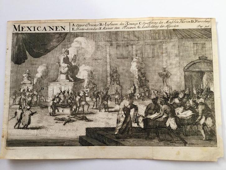 Afgoderij Mexicanen, zeldzame prent 1685., Antiek en Kunst, Kunst | Etsen en Gravures, Verzenden