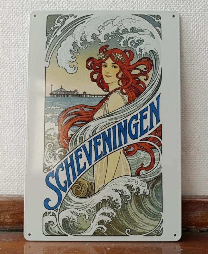 Scheveningen Art Nouveau Alphonse Mucha Wandbord, Verzamelen, Retro, Overige typen, Verzenden