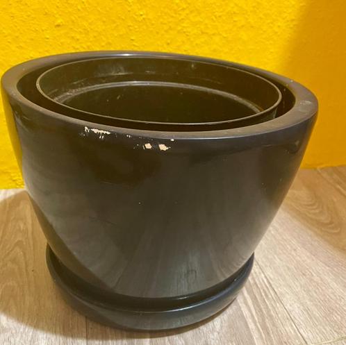 Bloempot aardewerk donkerblauw met vaste onderschotel, Tuin en Terras, Bloempotten, Gebruikt, Aardewerk, Binnen, Balkon, Minder dan 40 cm