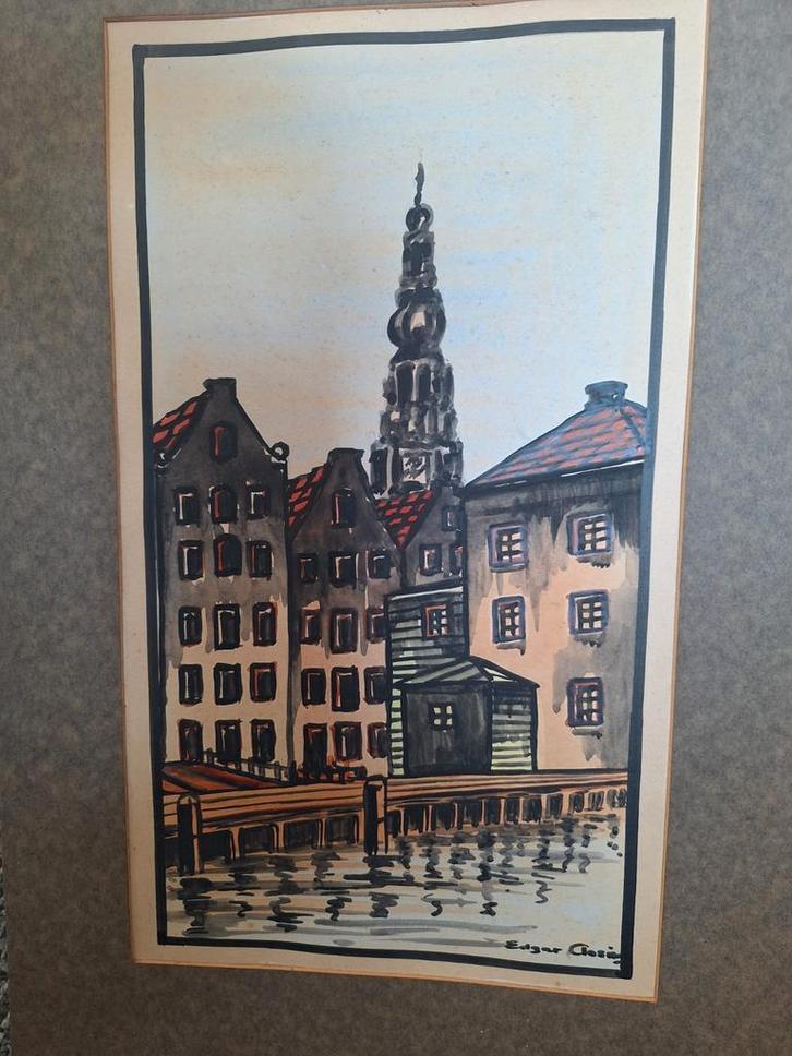 Aquarel Stadsgezicht, Edgar Closi Amsterdam, Antiek en Kunst, Kunst | Tekeningen en Foto's, Ophalen of Verzenden
