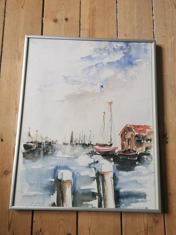 aquarel schilderij in lijst haventje bootjes  zeezicht
