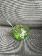 Groen glazen schaaltje met deksel en lepel glas, Antiek en Kunst, Ophalen of Verzenden