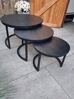 3 zwarte metalen salontafels van mangohout merk Goossens.Ø77, Huis en Inrichting, Tafels | Salontafels, Ophalen, Gebruikt, 50 tot 100 cm