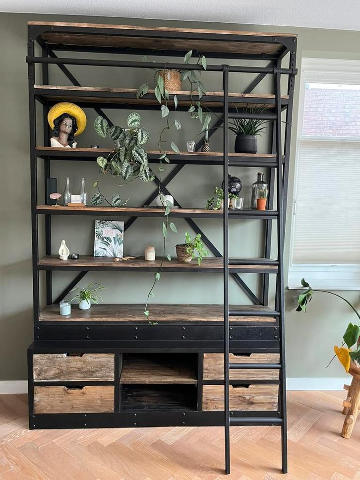 Bibliotheek kast 160x45x245 Naturel/Bruin Hout/Metaal Ladder, Huis en Inrichting, Kasten | Boekenkasten, Gebruikt, 150 tot 200 cm