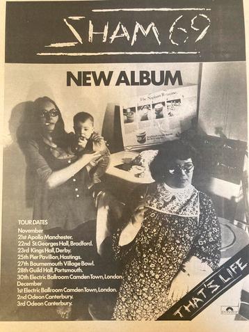 Paginagrote A3 advertentie SHAM 69 That’s Life tour PUNK beschikbaar voor biedingen
