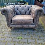 Stoere Chesterfield vintage fauteuil grijs + GRATIS BEZORGD, Chesterfield, Gebruikt, Leer, Ophalen of Verzenden