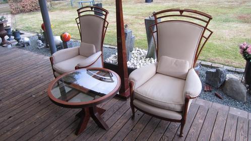 Exclusieve"Art Deco"combinatie Stoelen+Tafel. Zeldzaam!, Huis en Inrichting, Stoelen, Gebruikt, Twee, Hout, Stof, Bruin, Ophalen