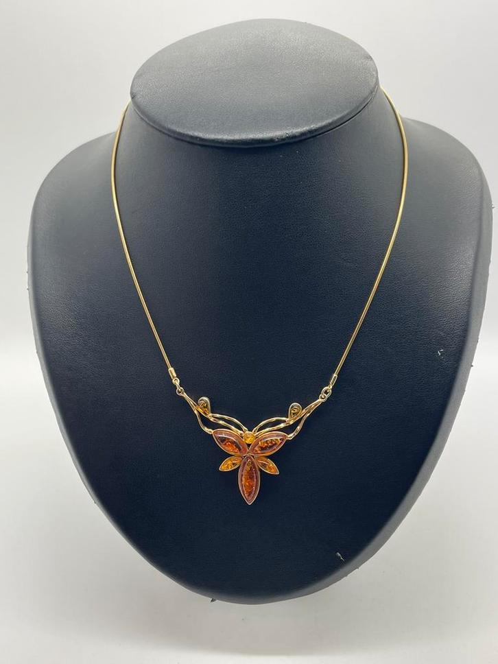 A222 Prachtige zilveren ketting goudkleurig barnsteen, Sieraden, Tassen en Uiterlijk, Kettingen, Zilver, Goud, Met edelsteen, Met hanger