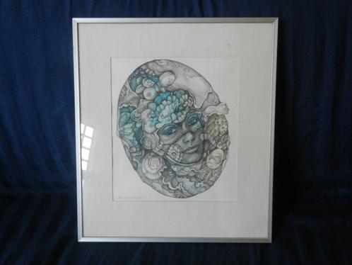 Aquarel Droomvrouw flower power portret door Ab Steenvoorden, Antiek en Kunst, Kunst | Schilderijen | Modern, Ophalen of Verzenden