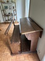 Antieke donker- houten schoolbank, 2 kleppen, losse bank, Ophalen