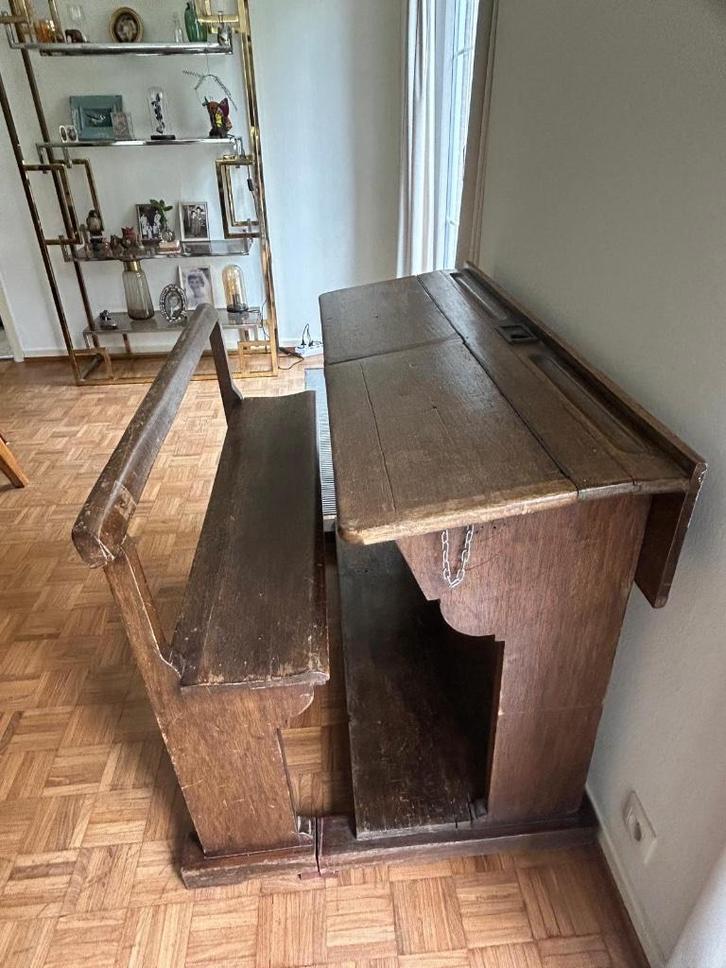 Antieke donker- houten schoolbank, 2 kleppen, losse bank, Antiek en Kunst, Antiek | Meubels | Stoelen en Banken, Ophalen