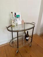 Vintage Bar Cart drankwagen jaren ’50–’60 – messing & glas, Huis en Inrichting, Gebruikt, 55 tot 75 cm, Glas, Ovaal