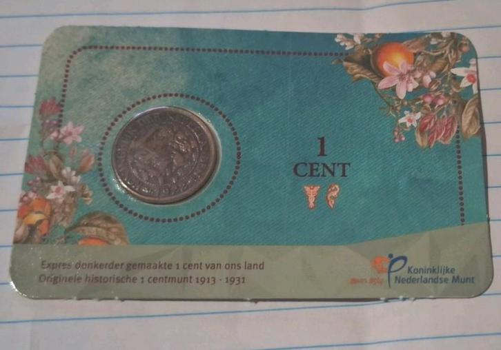 Coincard expres donkerder gemaakte 1 cent diverse jaartallen, Postzegels en Munten, Munten | Nederland, Losse munt, 1 cent, Koningin Wilhelmina
