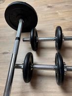 Set dumbells & halterstang + gietijzeren gewichten, Ophalen, Zo goed als nieuw