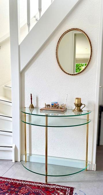 Halfronde glazen sidetable messing Hollywood Regency beschikbaar voor biedingen