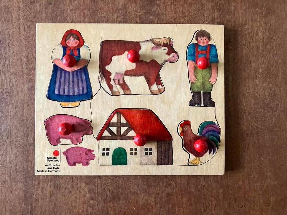 Selecta Germany pracht vintage houten knop puzzel boerderij, Kinderen en Baby's, Speelgoed | Houten speelgoed, Ophalen of Verzenden