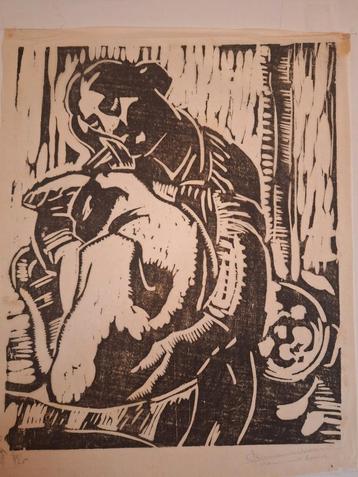 Originele Houtsnede - Vrouw met kind beschikbaar voor biedingen