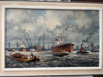 Olieverf schilderij Havengezicht Rotterdam beschikbaar voor biedingen